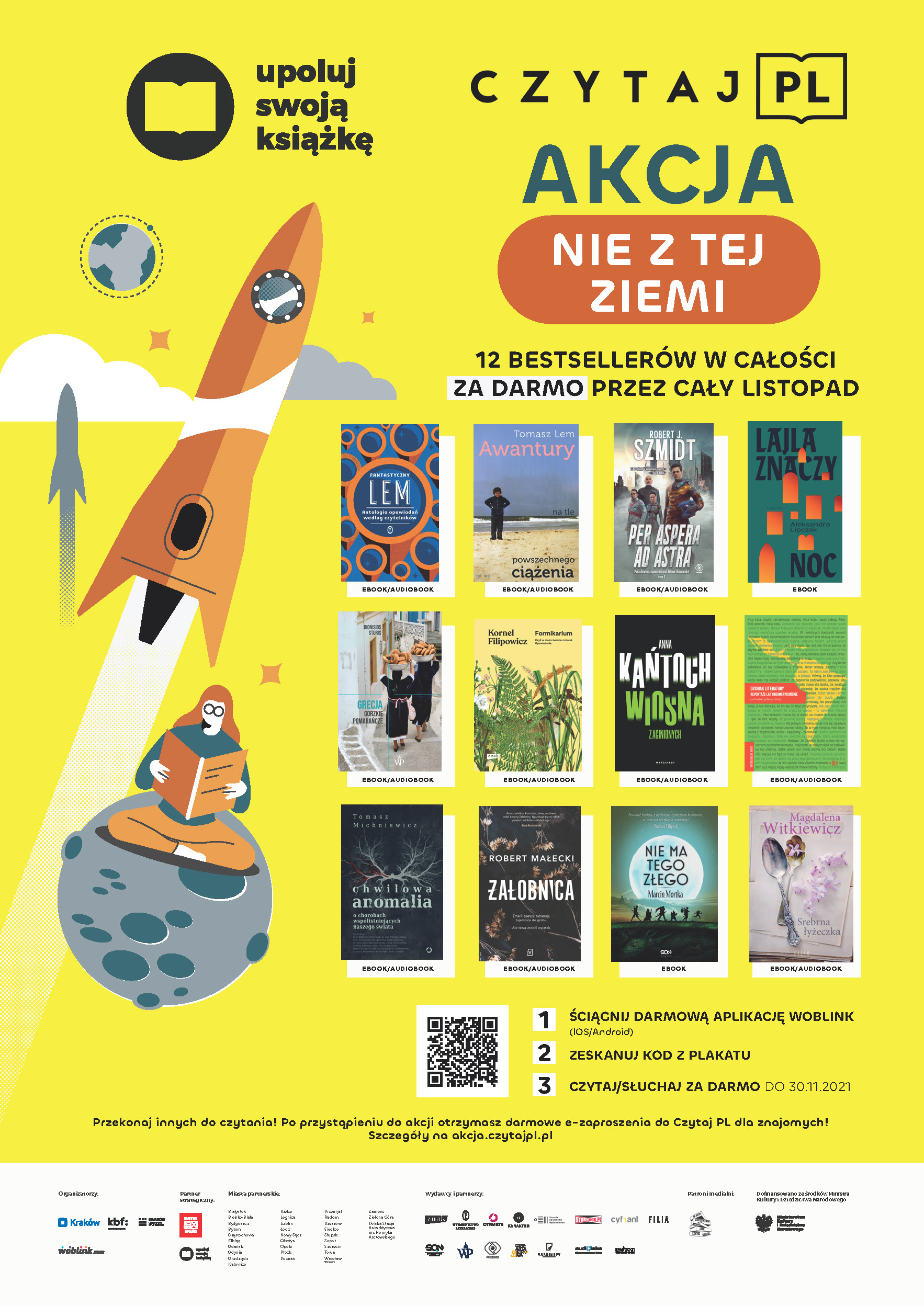 Plakat akcji czytelniczej Czytaj.PL z kodem kreskowym do zeskanowania